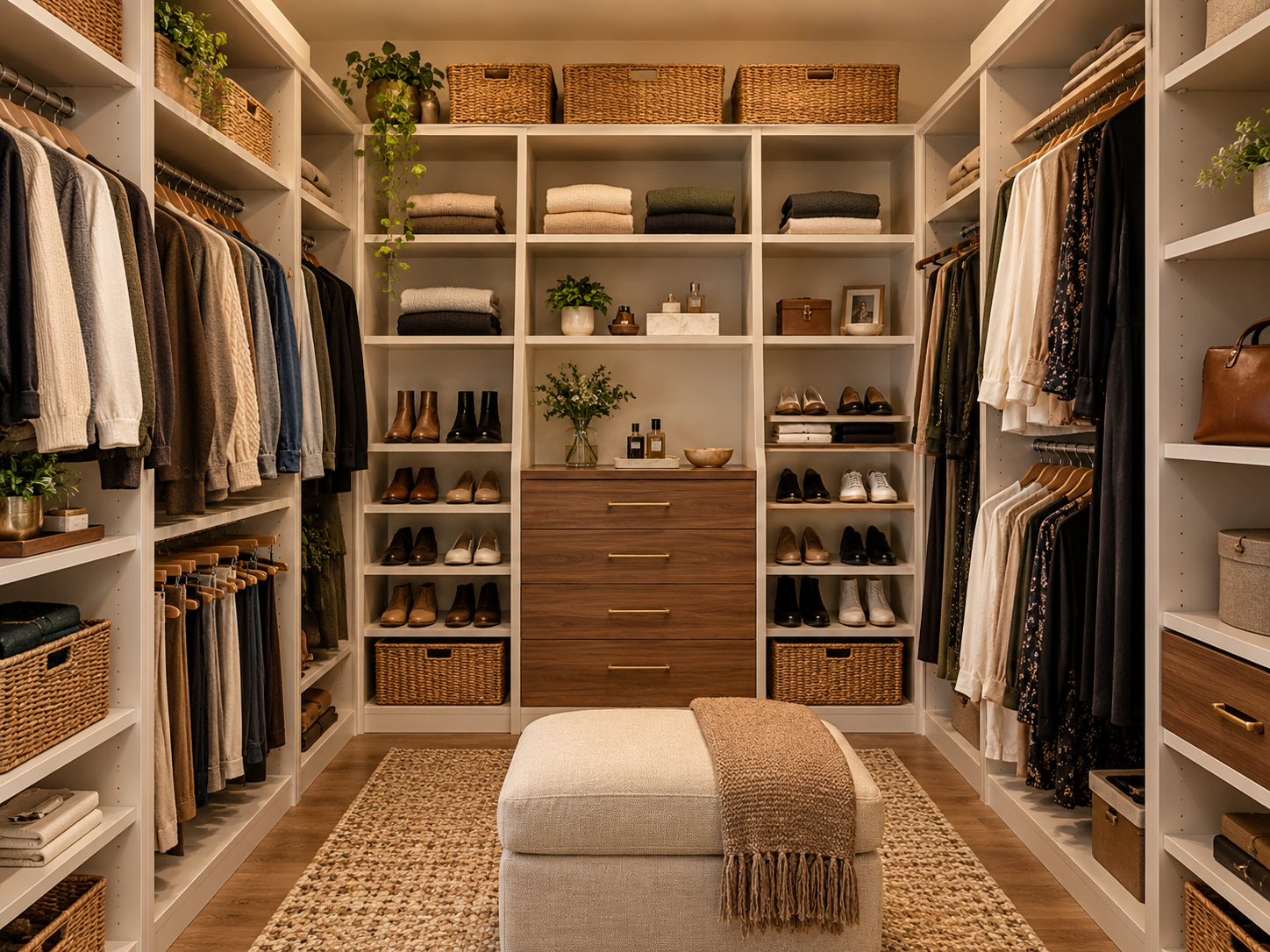 Organized closet with shelves, baskets, and neatly arranged clothing.